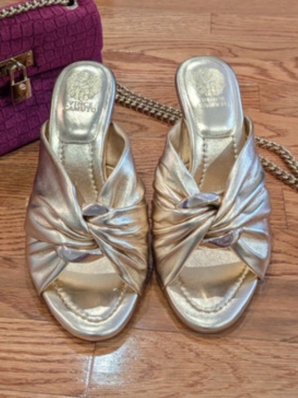 Vince Camuto Metallic Gold Knot-Front Slide Mules